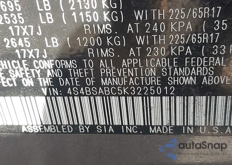 2019 Subaru Outback 2.5I из США, поврежденный, VIN 4S4BSABC5K3225012